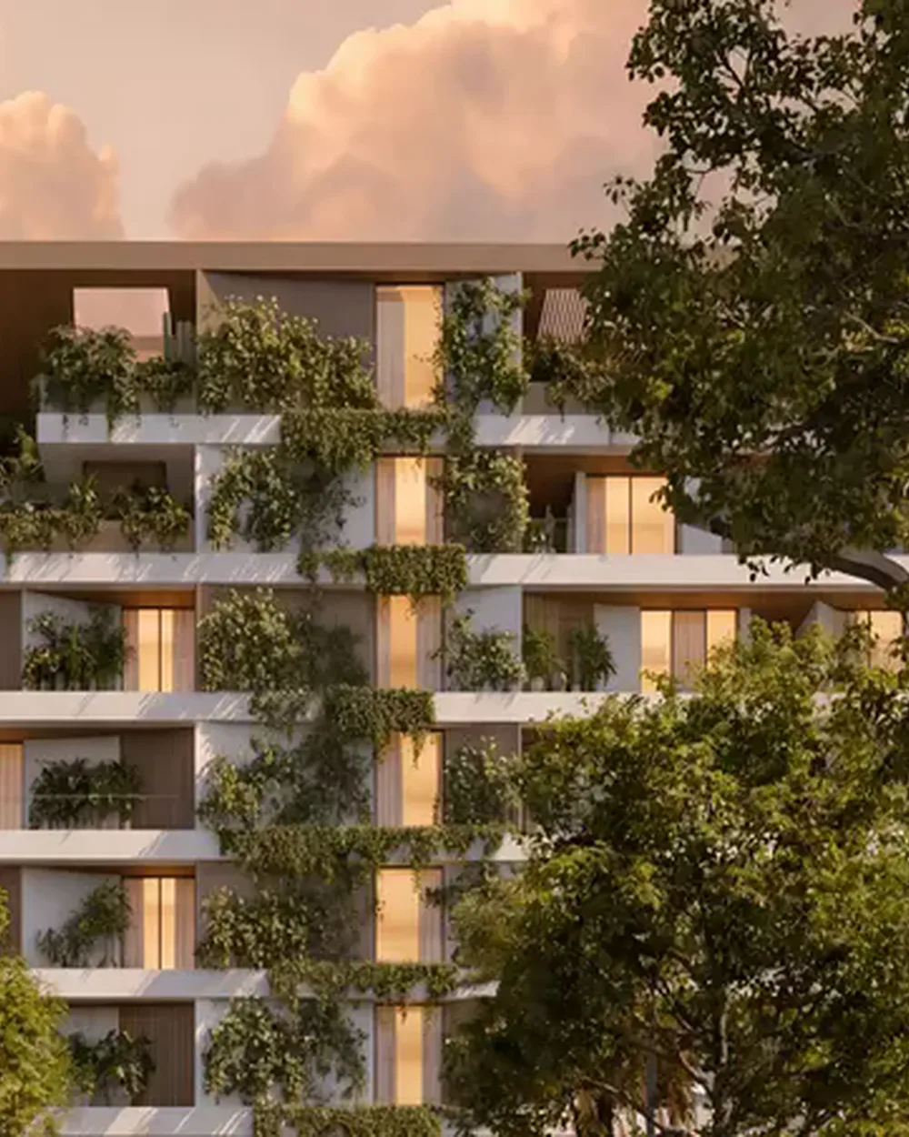 Cove at Lunaya Terraces in Jebel Ali Village, begrünte Balkone im Abendlicht