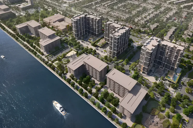 Yas Living auf Yas Island, Wohnanlage an der Wasserkante aus der Luft